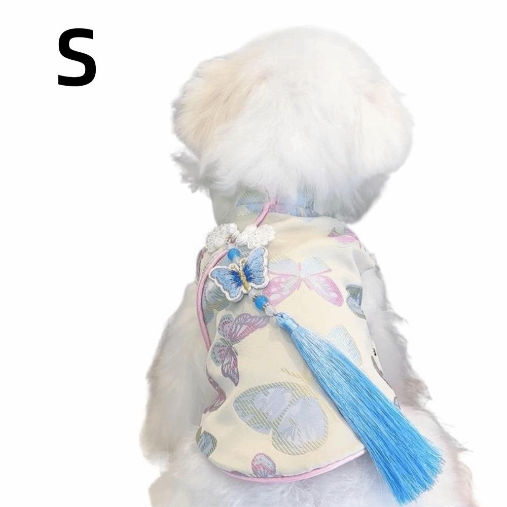 Butterfly Printed Dog Dress with Tassel Knot Anti-Fur Shedding Pet Clothes Thickened Soft Festive Costume Kitten