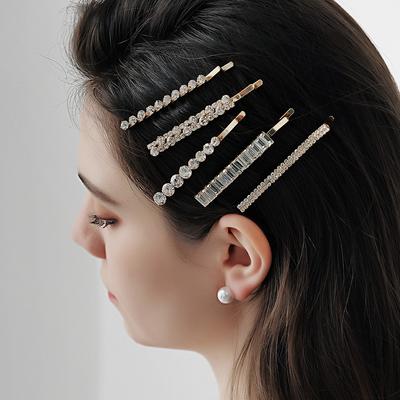 5 Stück Geometrische Strass-Metall-Haarspangen Elegantes Tägliches Pony-Pin-Set Vielseitige Ein-Wort-Klammer Für Damen Mädchen
