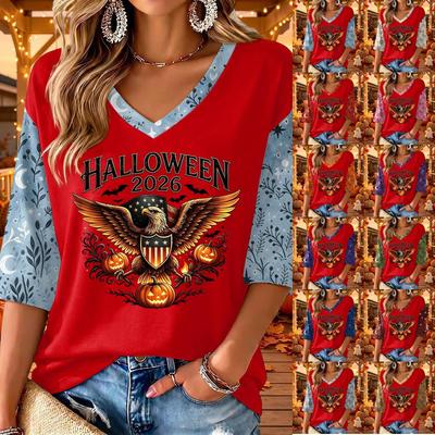 Women's Halloween Print V-Neck Three-Quarter Sleeve Casual Top