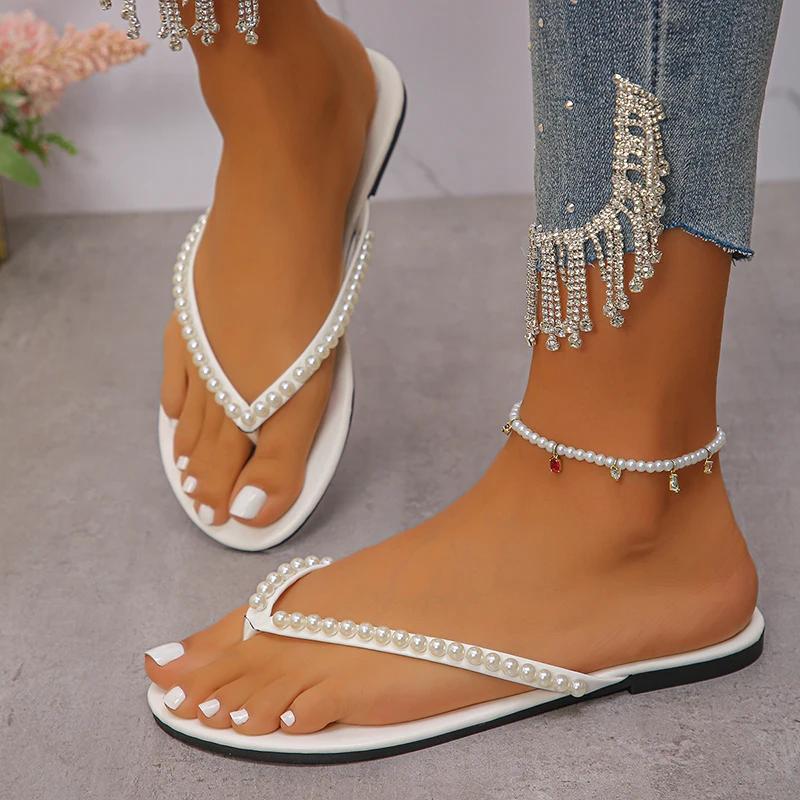 Fashion Fashion Pearls Beach Flip Flops for Women 2025 Summer Clip Toe Flat Slides Sandals Woman Comfortable Non Slip Outdoor Slippers