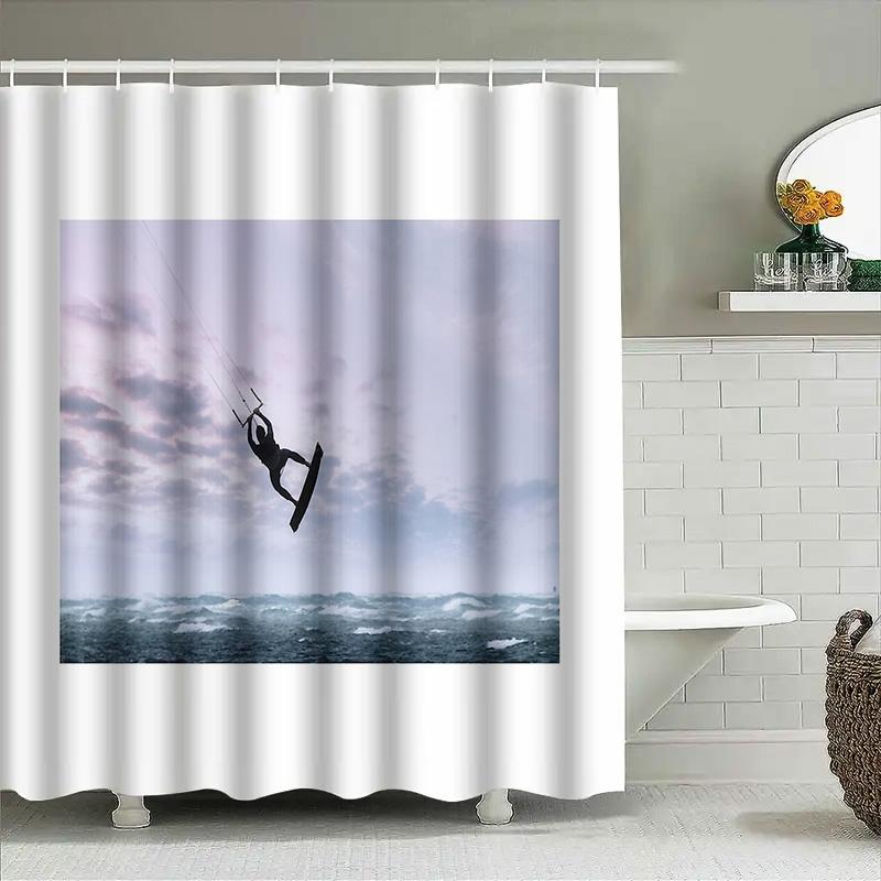 Ocean Wave Surfing Shower Curtain Beach Tropical Seascapes Home Decor Bathroom Art Coastal Vibes Modern Style Waterproof Fabric