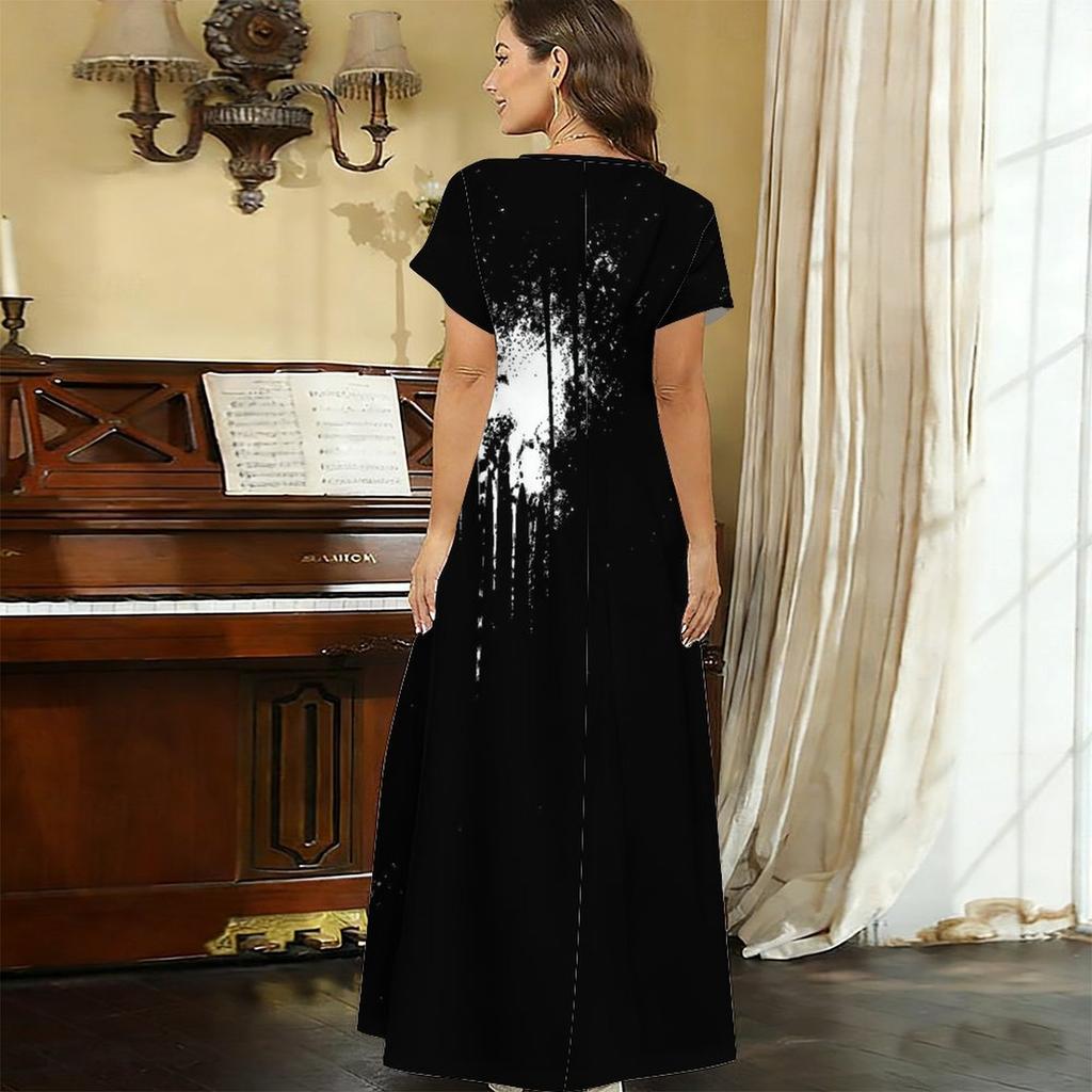 Women Plus Size V Neck Short Sleeve Printed Long Maxi Dress