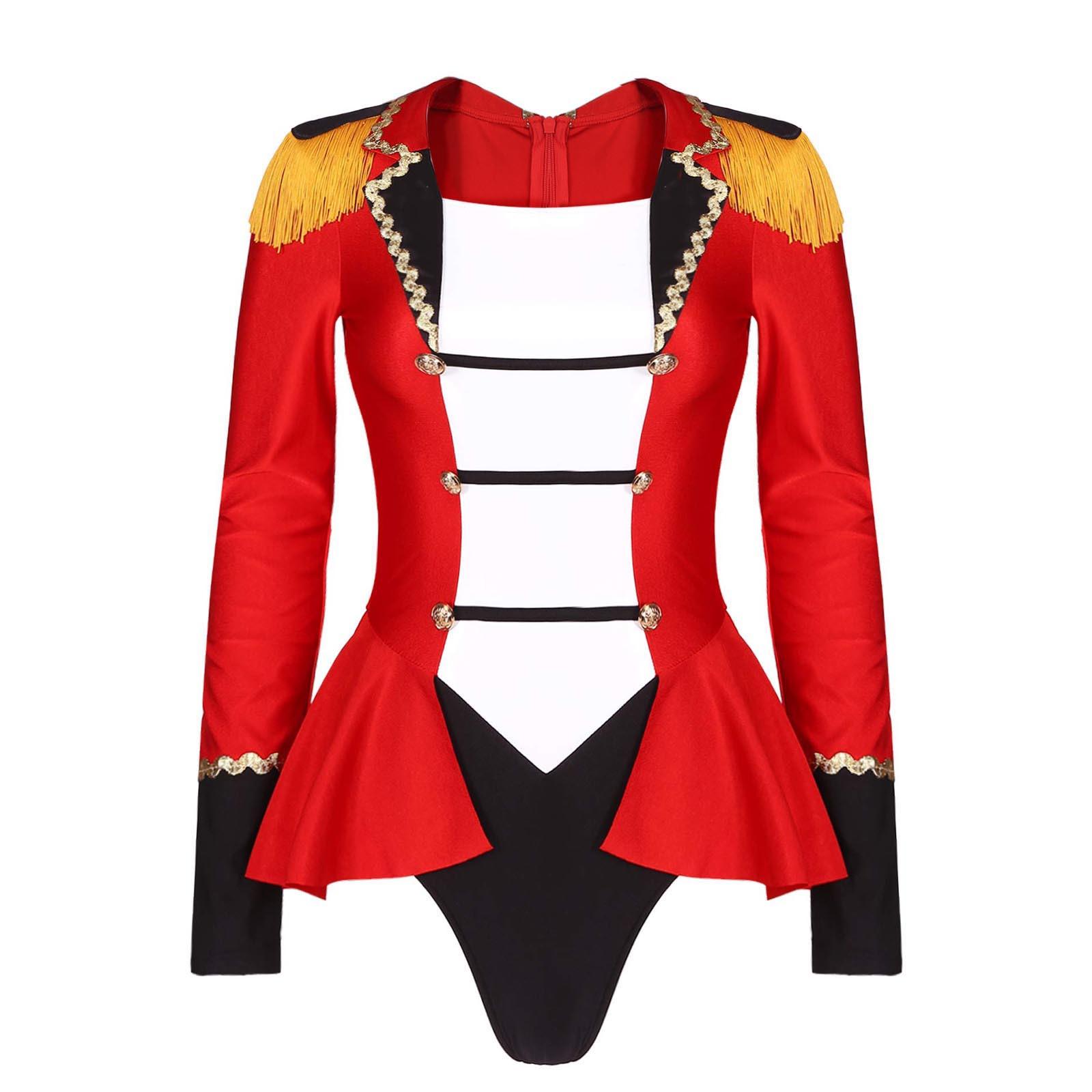 

Womens Ringmaster Bodysuit Circus Role Play Costume Long Sleeve Color Block Patchwork Design Skirted Jumpsuit XL