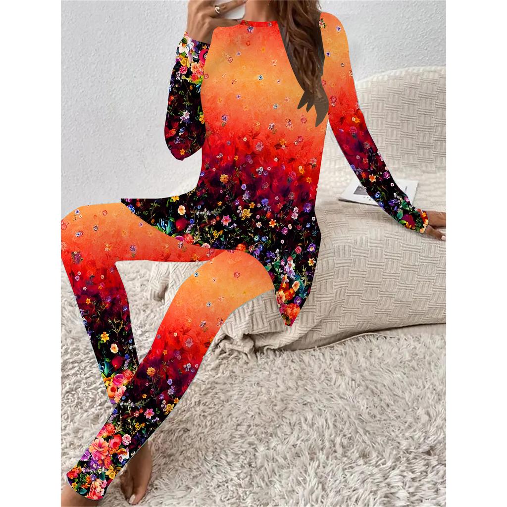 Euroamerikanische Mode 3D Blumendruck Damen Vier-Jahreszeiten Langarm T-Shirt + Lange Hose Zweiteiliges Set. Das perfekte Geschenk für Neujahr