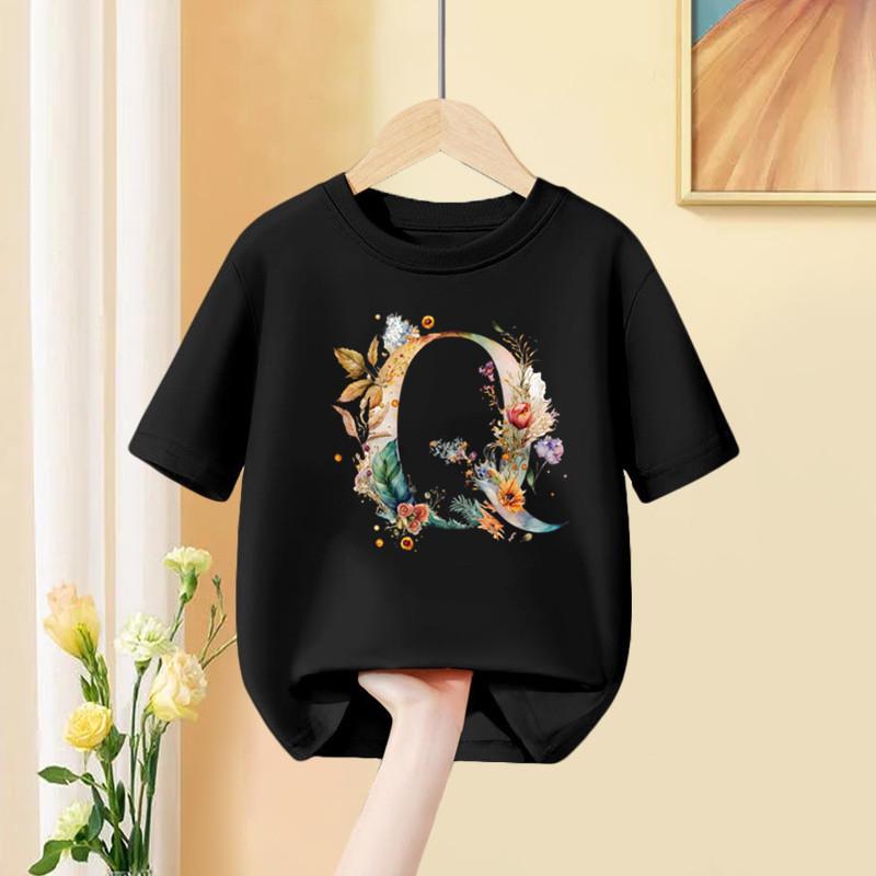 A B C D Kombinationsschrift Mädchen T-Shirt Blumendruck Lässige Oberteile Benutzerdefinierter Name Buchstabe Kinder Schwarzes T-Shirt