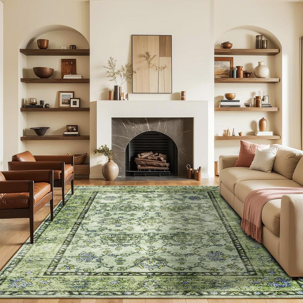 Area Rugs for Living Room, Machine Washable Vintage Rug, Non-Slip Low Pile Throw Rugs with Rubber Backing Washable Carpet