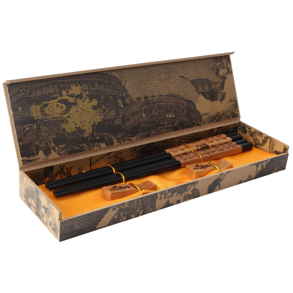 New 2Pairs Chinese Handmade Vintage wooden Chopsticks And Brackets Gift Set