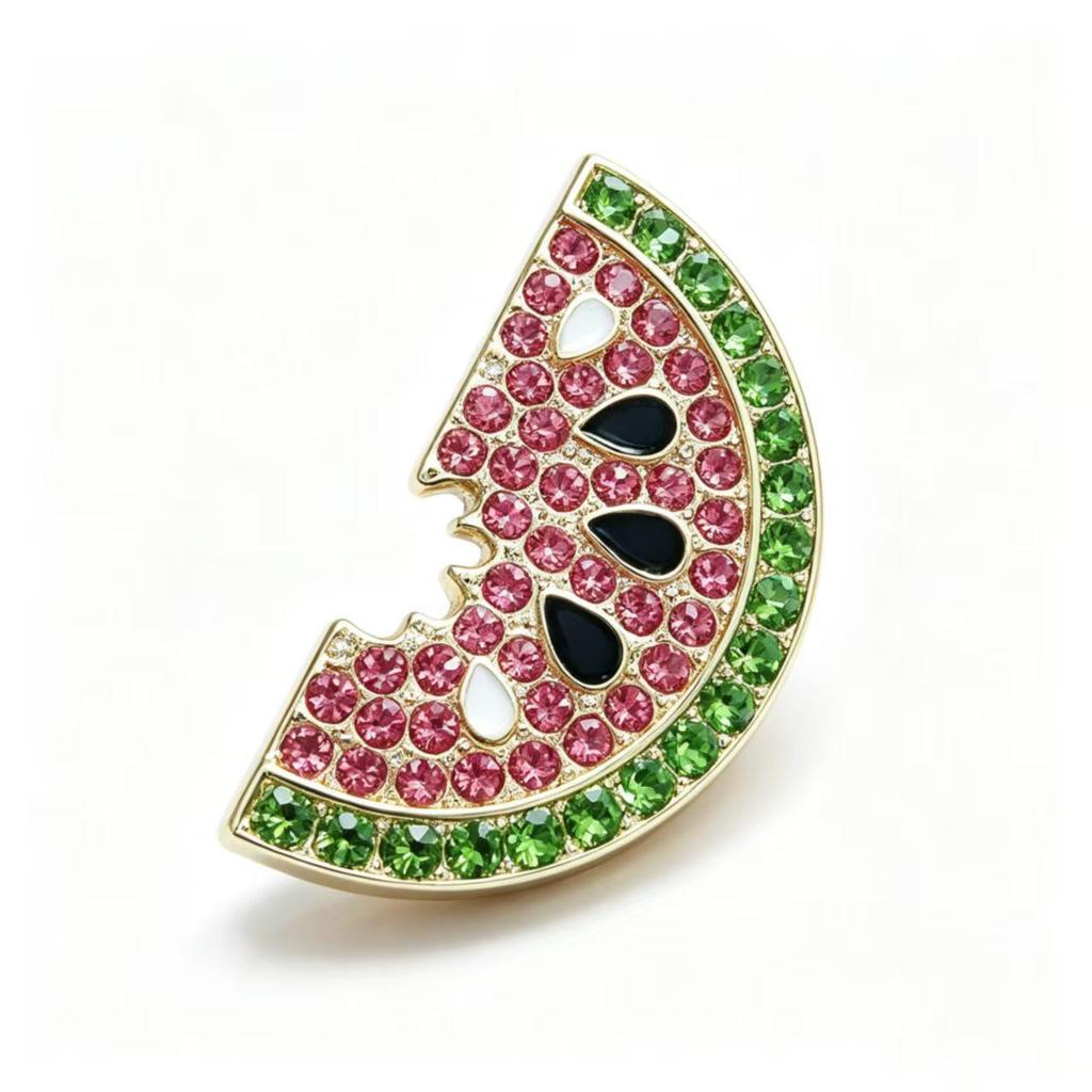 Rhinestone Watermelon Brooch with Notched Design - Cute Fruit Pin for Suit and Bag