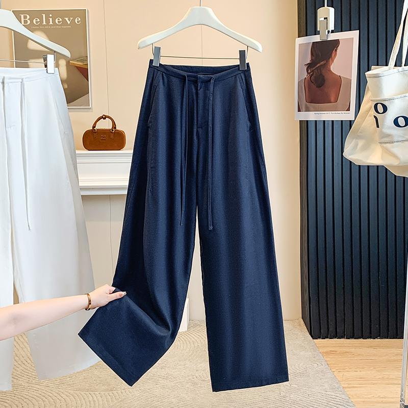 

DIMANAF 2026 Summer New Plus Size Women Long Pants Thin Loose Casual Elastic Waist Fashion Lady Bottoms Clothing Cotton Linen S Темно-синій