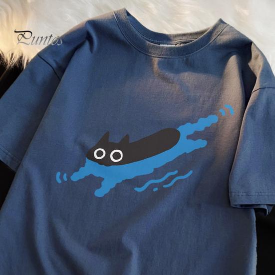 Par Casual T-skjorte Tegneserie Svart Katt Trykk T-skjorte Rund Hals Løs Sommer Topp for Menn Kvinner Hjem Gym Streetwear