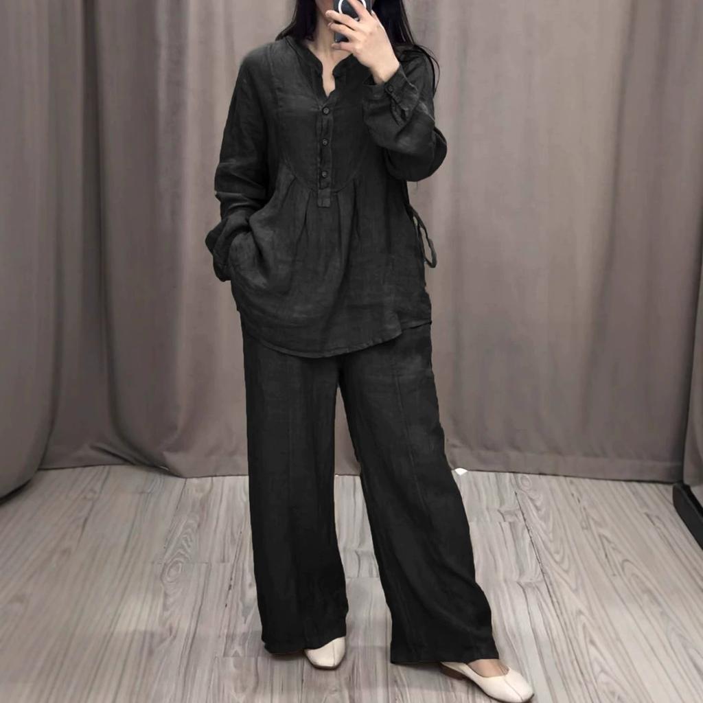 Completo da Donna 2 Pezzi Moda Ufficio Signora Cotone Lino Manica Lunga Casual Ampio Pantalone a Gamba Larga Completo Primavera Autunno Set da Donna