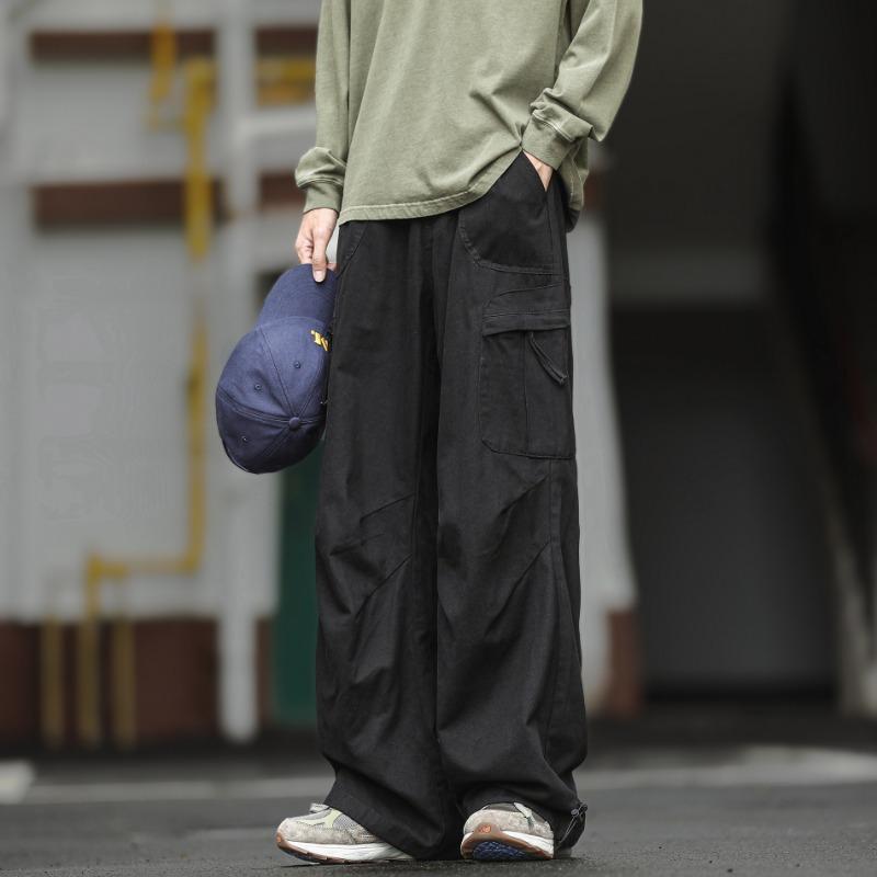 

Men s spring and summer pleated design straight overalls men s retro versatile loose drawstring wide-leg casual pants M чёрный