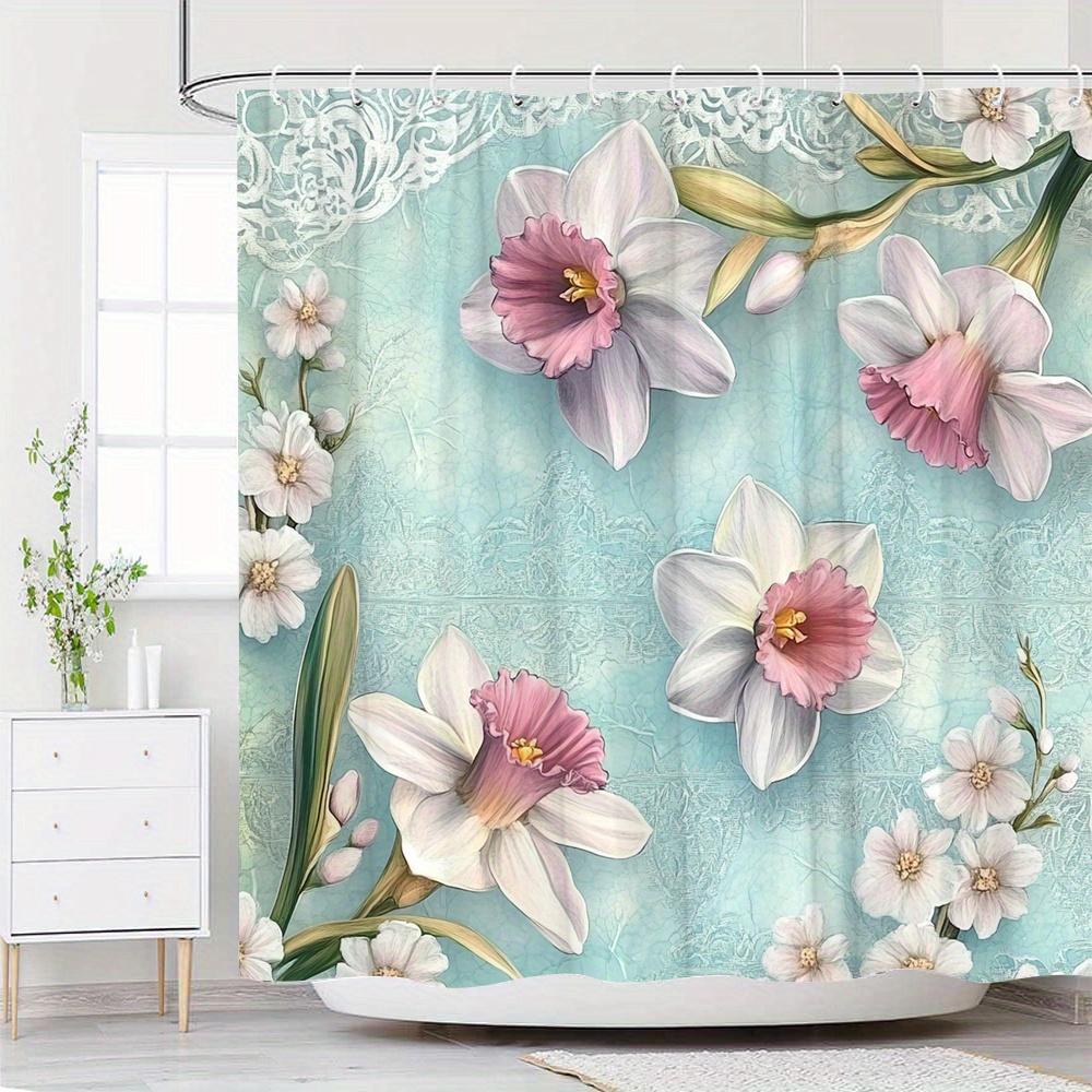 

1Pc Vintage Pastel Daffodil Shower Curtain - White & Pink Flowers, Light Blue Background, Lace Border, Polyester, 12 Hooks W60H190(CM)-1 Pcs