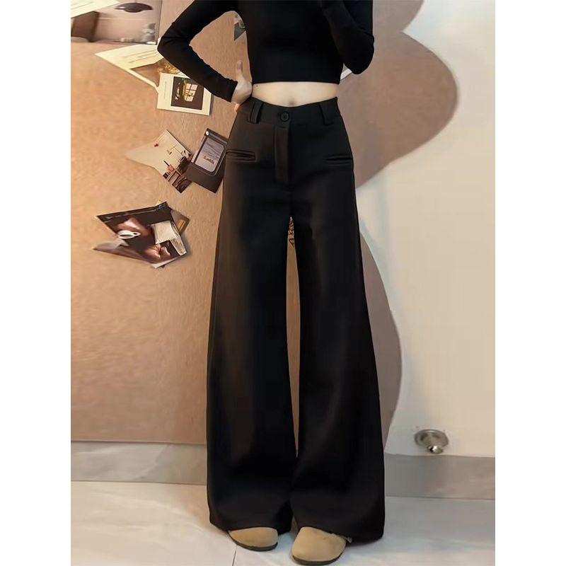 High-End and Stylish Black Suit Pants for Women, Summer 2026 New Model, High-Waisted, Drapey, Slim-Fit, Slightly Flared Wide-Leg Trousers