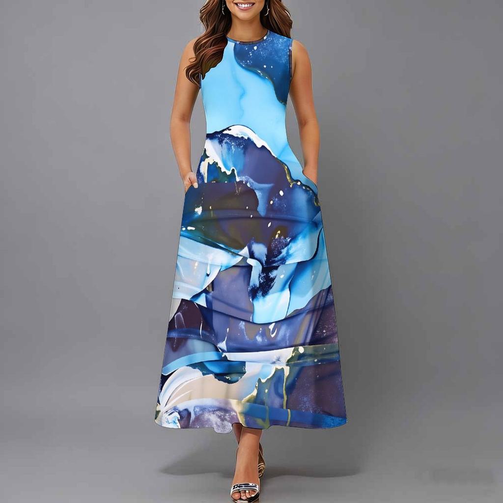 Plus Size Ladies Sleeveless Crew Neck Dress Exotic Tropical Leaves Flowy Calf Length Gown