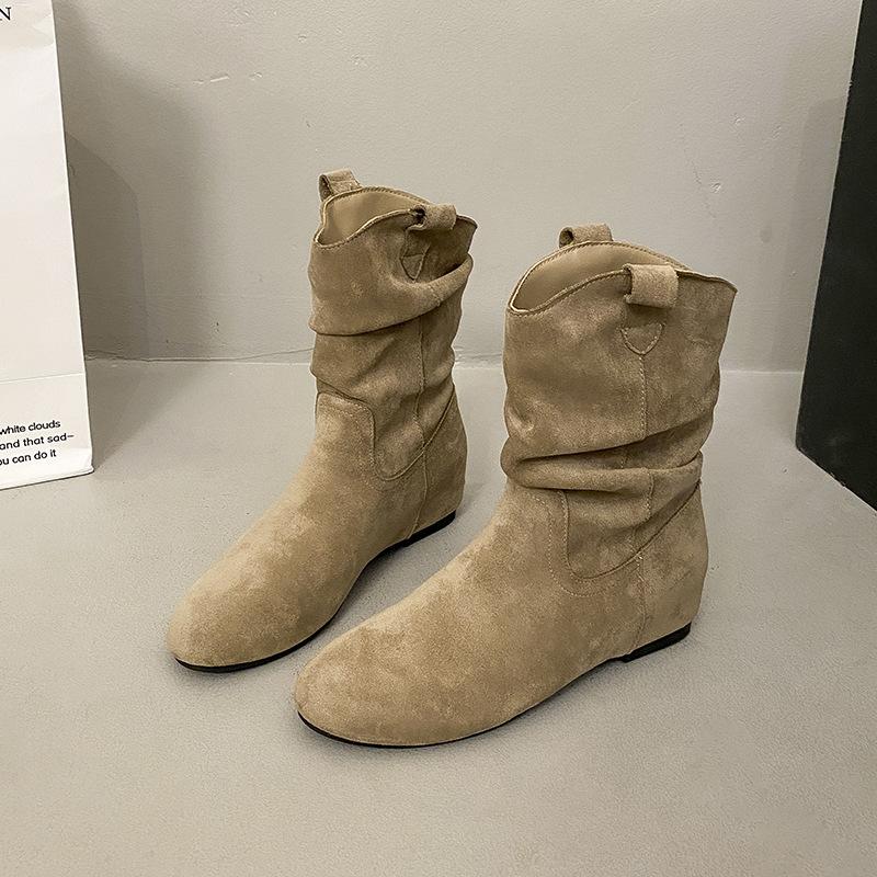 2025 autumn and winter Maillard short boots women's inner height increase new round head wide tube binaural stacking boots thick heel Martin boots