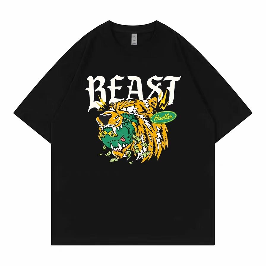 

American Retro BEAST Hustler Hardworking Hiphop Shortsleeved Band Tshirt for Men and Women Pure Cotton Loosefitting 4XL