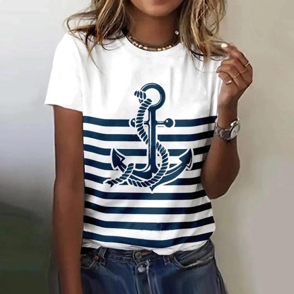 

Летняя футболка с 3D-принтом «Якорь» для женщин, женская повседневная футболка с коротким рукавом, модные футболки с круглым вырезом, топы в стиле Харадзюку, женская одежда L