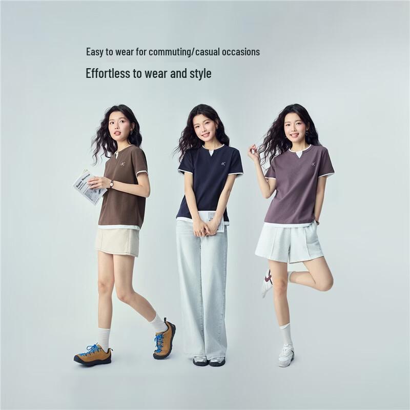 Giordano Women's Faux Two-Piece Embroidered Knit T-Shirt