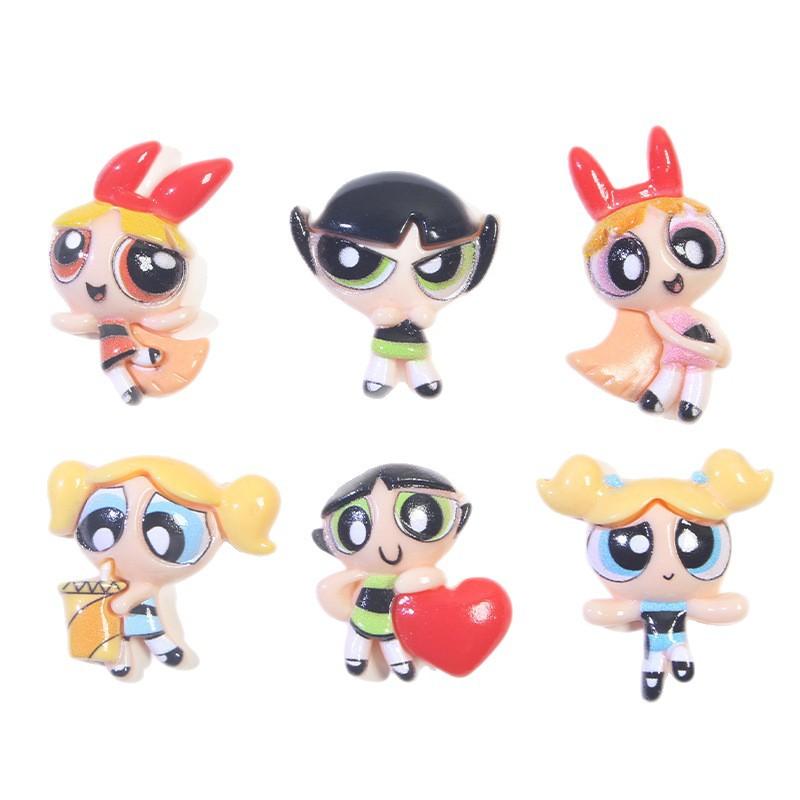 6Pcs Kawaii Anime The Powerpuff And Girls Series Resin Model Toys Cute Cartoon Character Creativity Diy Keychain Material
