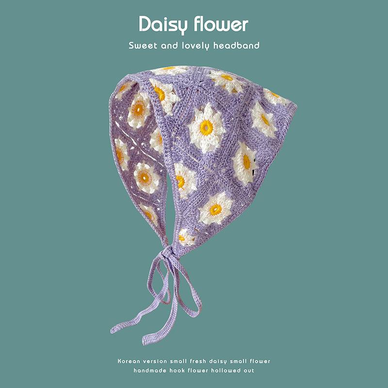 

Треугольный шарф ручной работы, вязаный крючком, повязка на голову, женский, ретро, милый, с маленькой ромашкой, ремешок 1pc