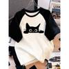 Kawaii T Shirt Retro Black Cat Letter Print Crew Neck T-Shirt Casual Short Sleeve Top for Spring Summer Women's Clothing