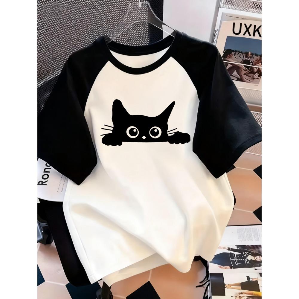 

Kawaii T Shirt Retro Black Cat Letter Print Crew Neck T-Shirt Casual Short Sleeve Top for Spring Summer Women s Clothing S
