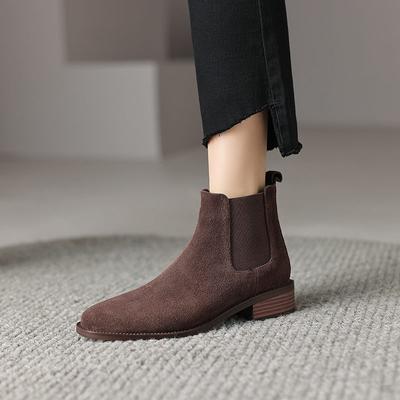 Kalfssuède Herfst Winter Schoenen Ronde Neus Grote Maat Dikke Middelhoge Hakken Instappers Chelsea Boots Dames Enkellaarzen
