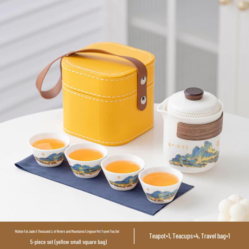 Mutton-fat Jade Porcelain 'A Thousand Miles' Quick Travel Tea Set