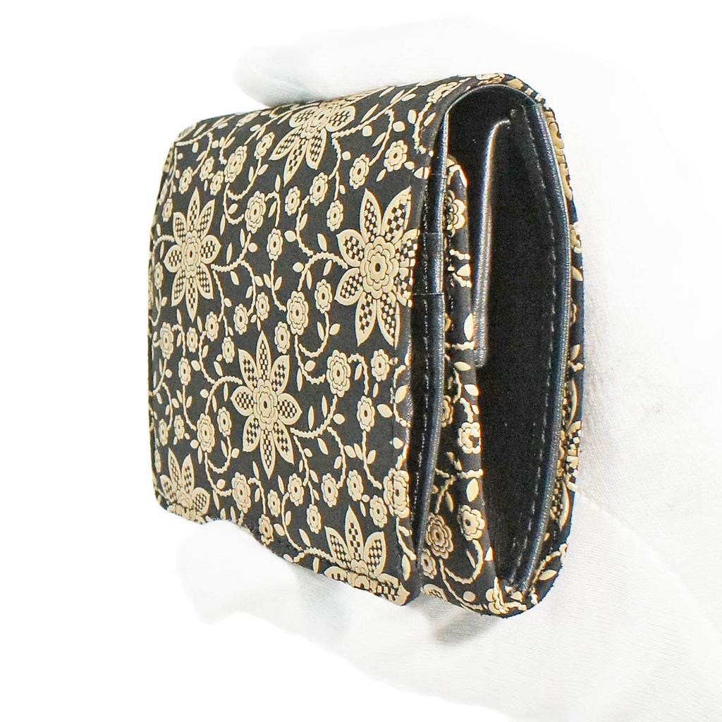 Inden Leather Billfold Coin Black with White Clematis [Inden-ya] Bi-fold Wallet, H, Box-type Purse, Deerskin, Lacquer, Pattern, 2204-11-169