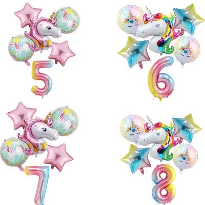 6pcs 32 Inch Number Rainbow Gradient Unicorn Balloon Birthday Party Balloon Kids Toy Wedding Decor