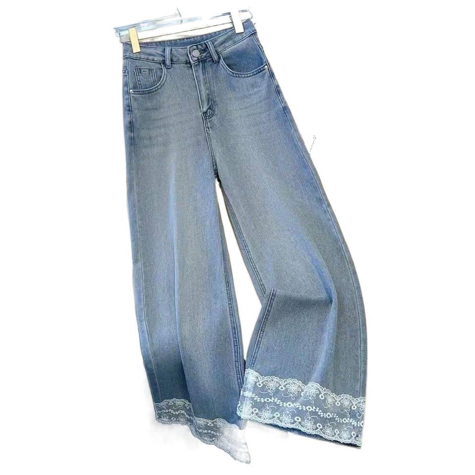 Women's Blue Lace Trim Petite Jeans - Loose Fit Straight Leg - 2026 Spring/Summer Collection