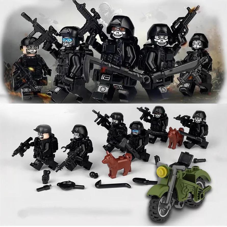 Figurine Militaire Bloc de Construction Soldat SWAT Noir Anti-Émeute Armé Moto Jouet 6 Ensembles Pyp