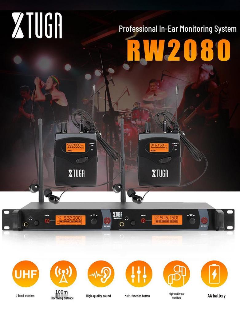 XTUGA RW2080 UHF Dual-Channel Wireless In-Ear Monitor System with Rackmount 2U Transmitter for Stage and Recording