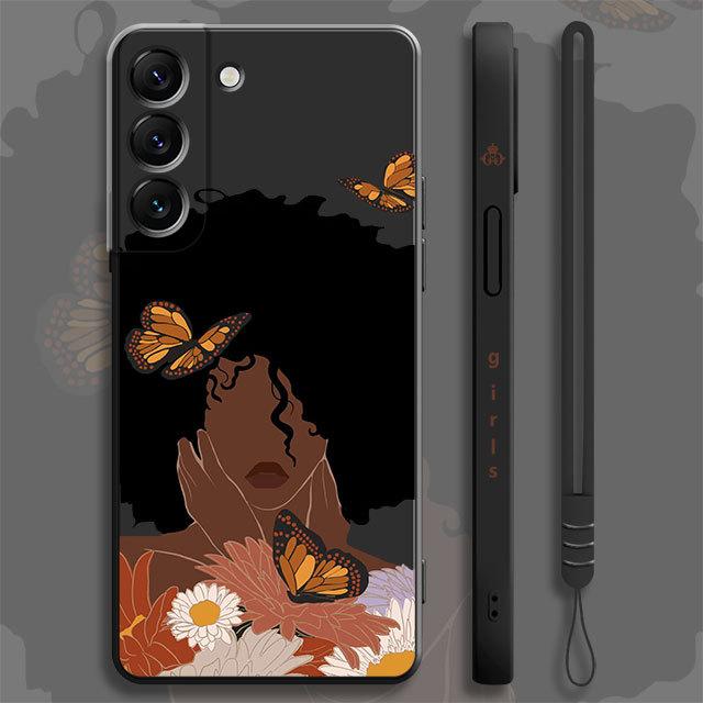 Pretty African Girl Daisy Flower Butterfly Liquid Case For Samsung Galaxy S22 S21 S20 Fe Ultra S10 S9 S8 Plus S10e Note 20 Lite