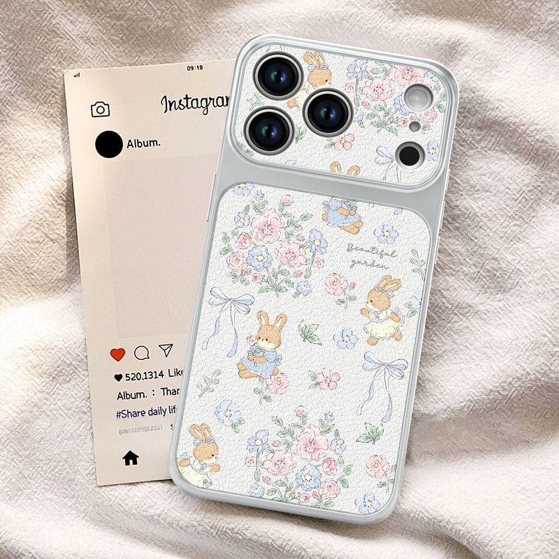 Cute Flower Rabbit Pattern Lambskin Anti Fall Protective Phone Case For Apple Iphone