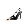 Poplar Woods Same Metal Small Square Head Sexy Rear Empty Sandals Women's Black Patent Leather Thin Heel Side Empty Iron Head High Heels