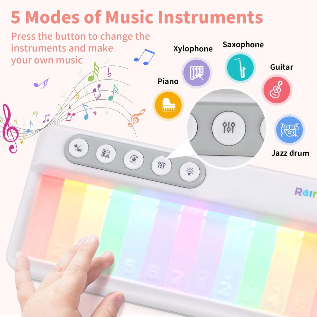 Rainbow Flashing Piano Toys Electronic Music Toys with 5 Instruments 13 Melody Portable Keyboard Toys Educational Toys for Kids