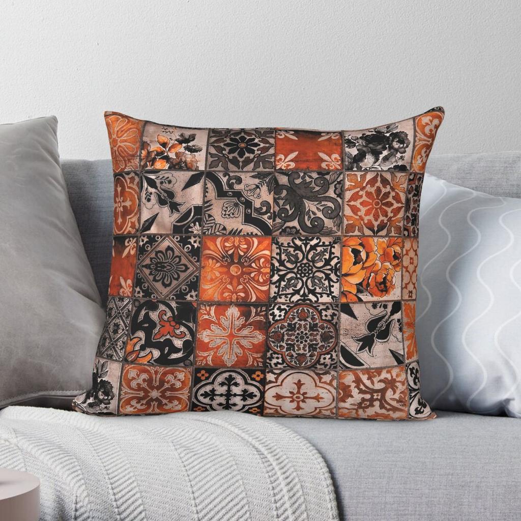 Retro Portuguese Tile Pillowcase Polyester Linen Velvet Creative Zip Decor Throw Pillow Case Home
