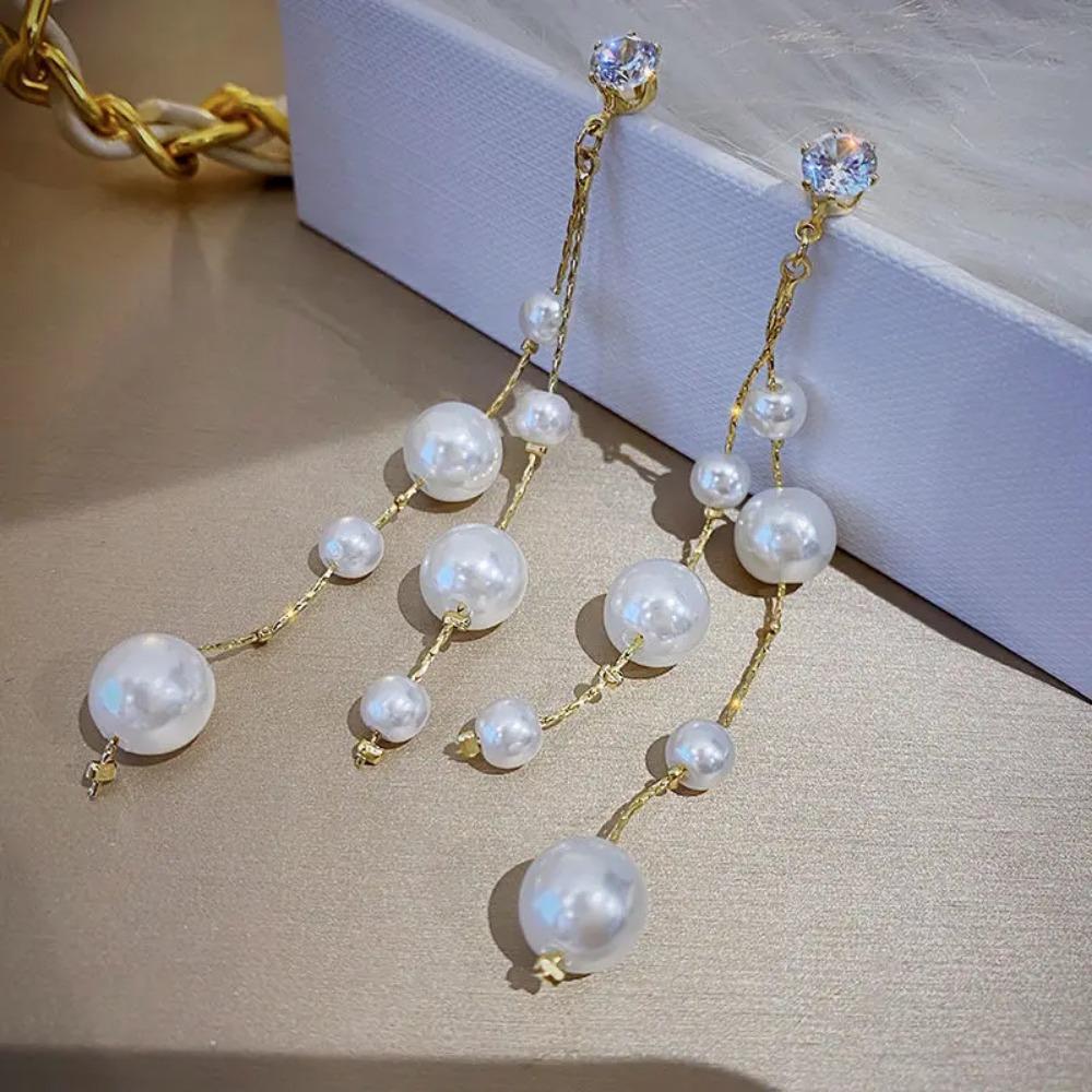 Imitation Pearl Beads Tassel Long Dangle Earrings Elegant Wedding Earrings Jewelry for Women