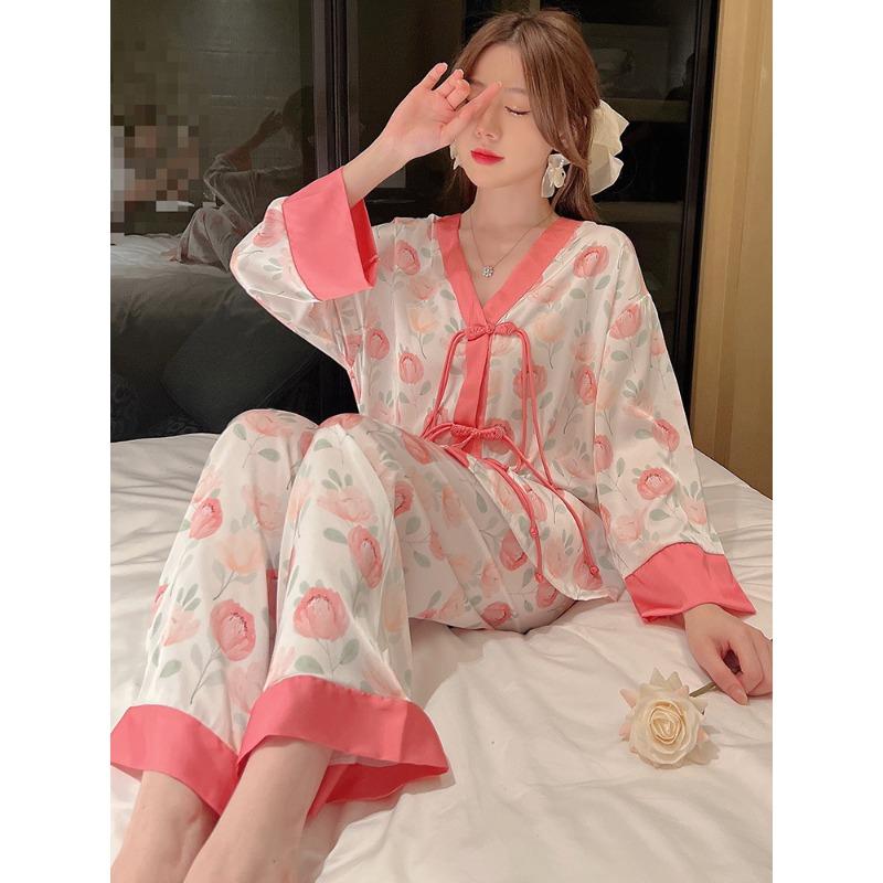 Pajamas women's spring and autumn new ice and snow silk printing long-sleeved two-piece set loose large size can be worn outside loungewear set