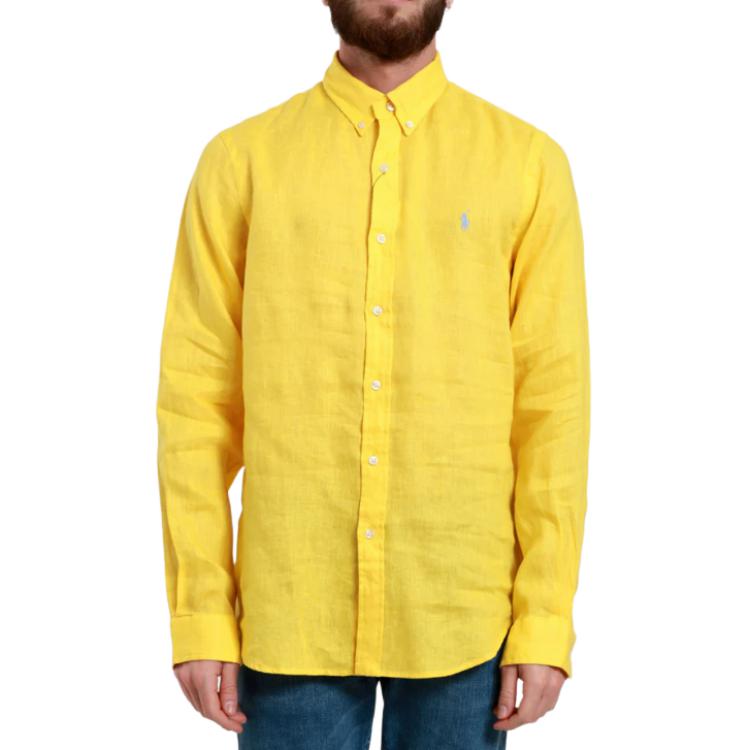 Polo Ralph Lauren Tinta Unita Logo Ricamato Colletto Polo Monopetto Manica Lunga Camicia Uomo camicie Giallo 710829443-030