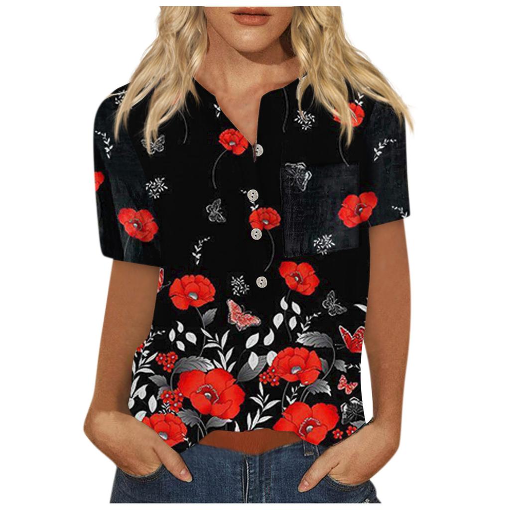 Women's Fashion Printed Pattern Button Down Chest Pocket Short Sleeve Shirt