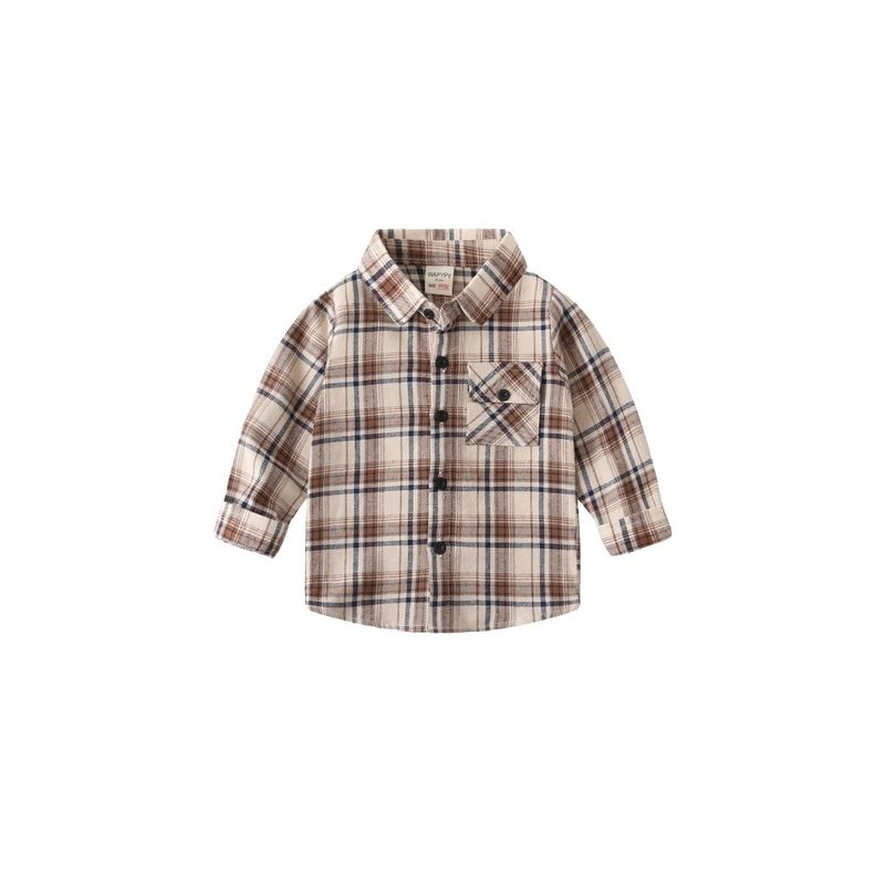 Children's Collared Shirt for Spring and Autumn, Boys' Brushed Plaid Long-Sleeve Shirt, Baby Boy's Square Collar Pure Cotton Casual Top