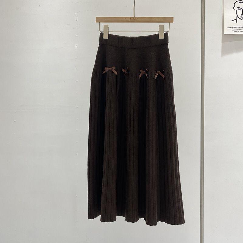 Korean Fashion High-Waisted Slimming Pleated Knit Skirt with Bow Detail
