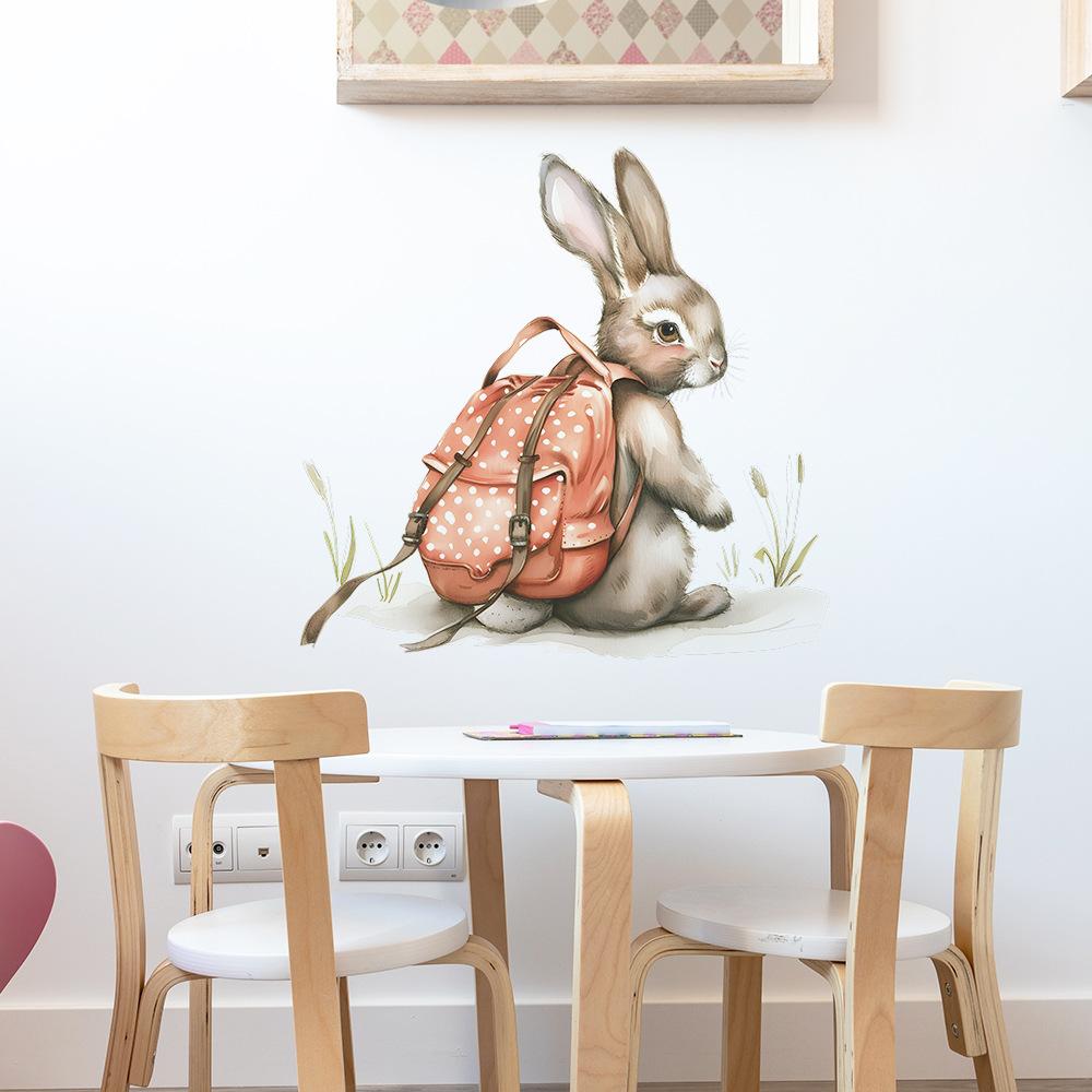 Cartoon Hand-Painted Backpack Rabbit Wall Sticker Self-Adhesive for Kids Bedroom Background Wall Decoration