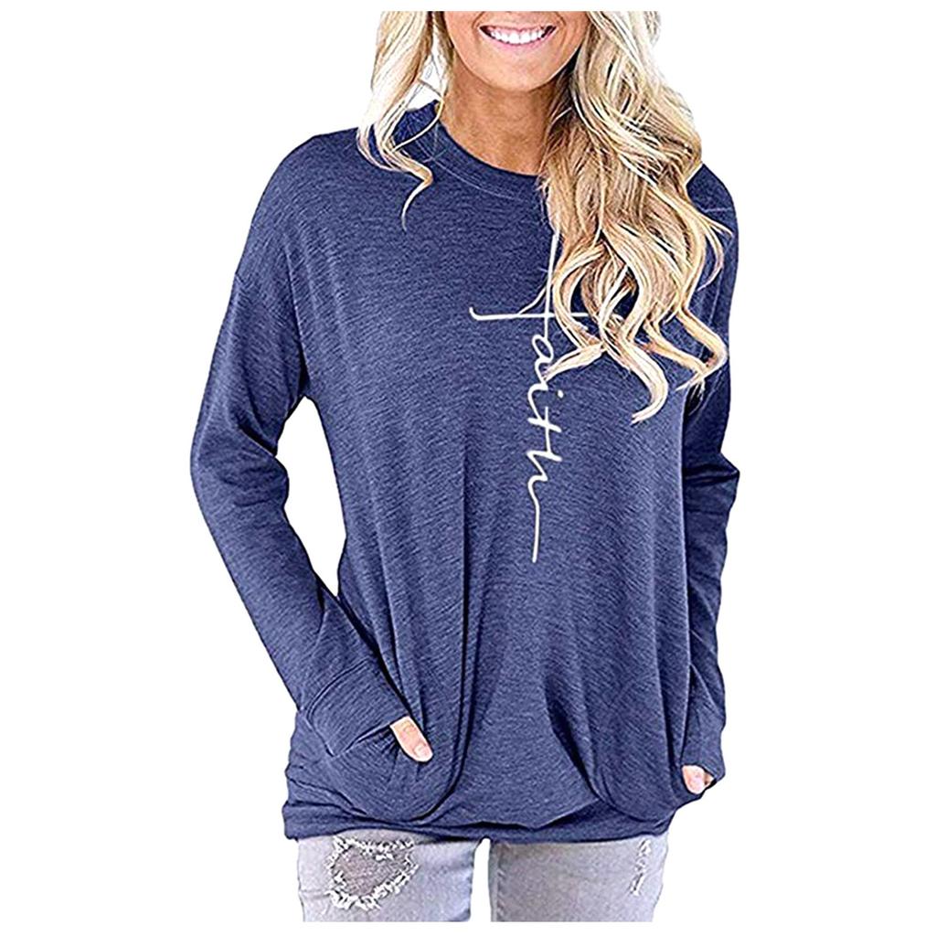 Women's Fashion Casual Round Neck Printed Loose Undershirt Long Sleeve Blouse