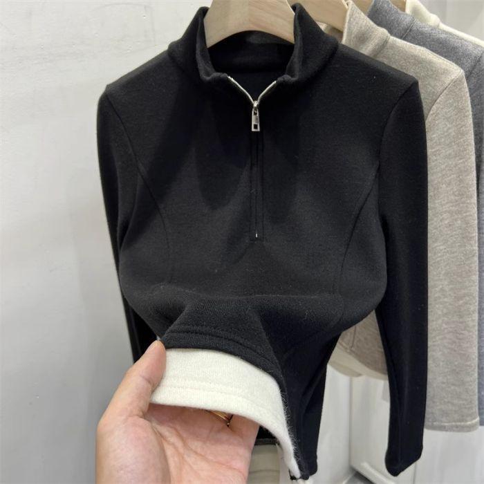 Velour Half-Zip Women s Slimming Sweatshirt - Autumn/Winter 2025 Large чёрный