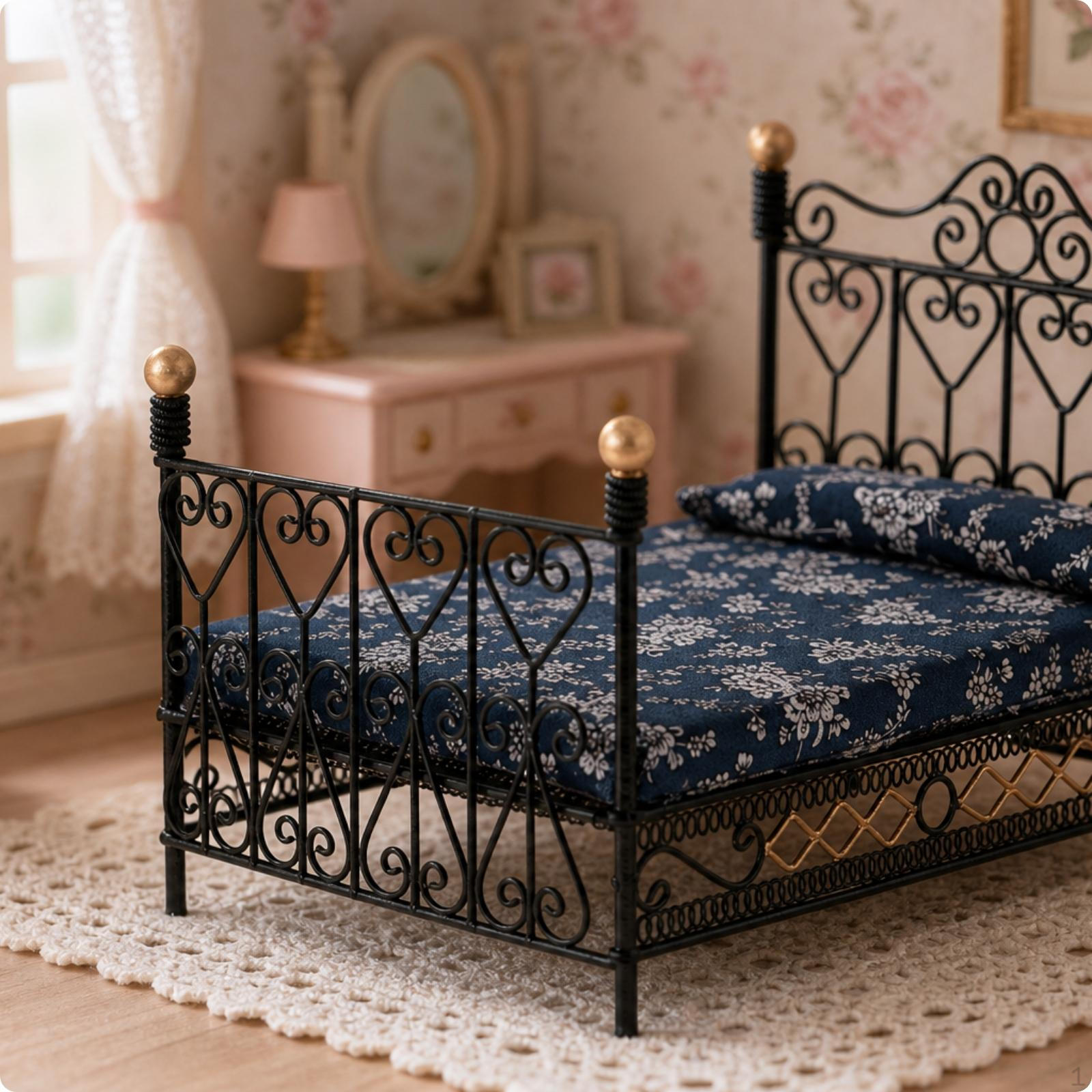 Dollhouse Double Bed 1:12 Scale Miniature with Mattress Wroughtintricate Metalwork Design