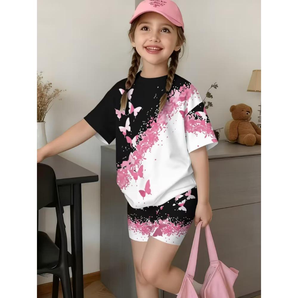 

2-Piece Summer Kids Comfortable Cute Butterfly 3D Print Short Sleeve Shorts Set for Boys and Girls Casual Home Outdoor Set 100